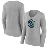 Seattle Kraken Women's Primary Logo Team Long Sleeve V-Neck T-Shirt - Heather Gray - NHL