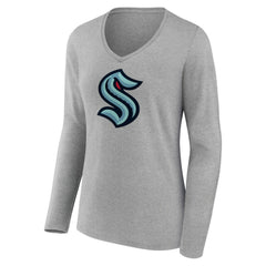 Seattle Kraken Women's Primary Logo Team Long Sleeve V-Neck T-Shirt - Heather Gray - NHL
