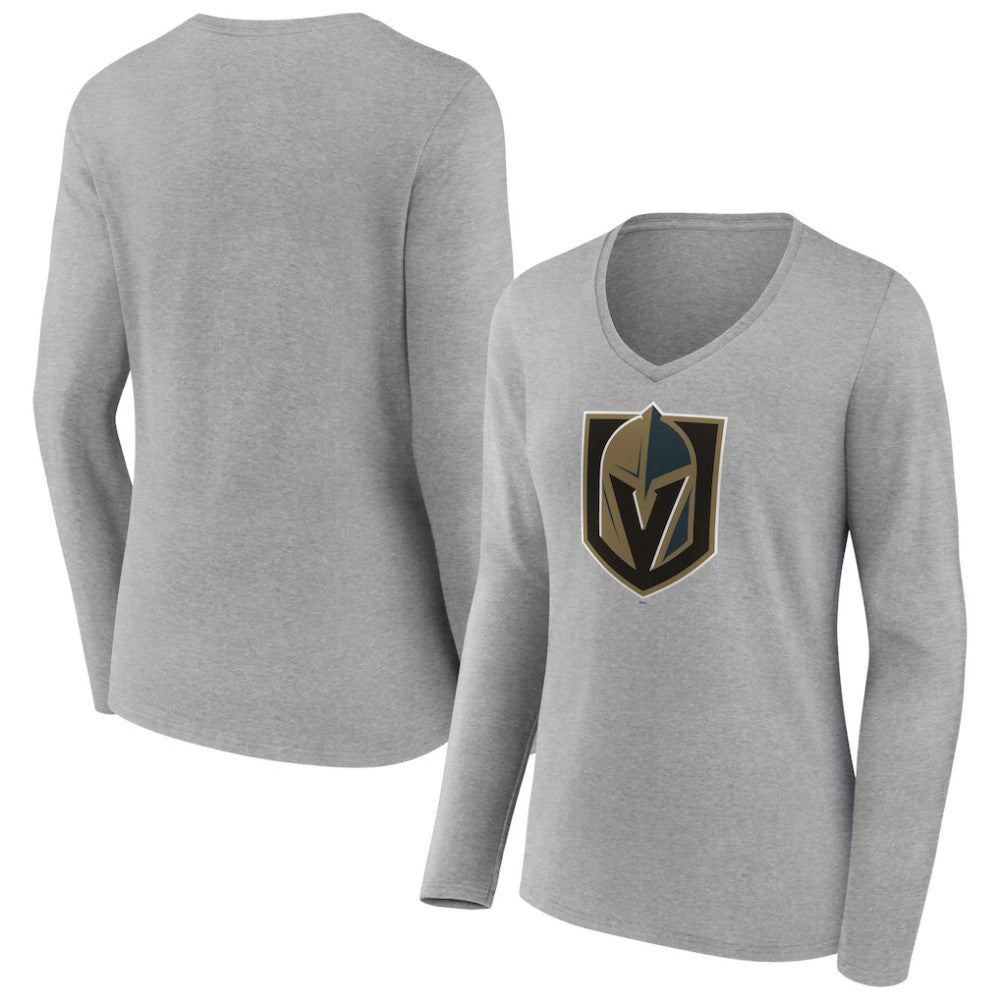 Vegas Golden Knights Women's Primary Logo Team Long Sleeve V-Neck T-Shirt - Heather Gray - NHL