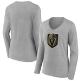 Vegas Golden Knights Women's Primary Logo Team Long Sleeve V-Neck T-Shirt - Heather Gray - NHL