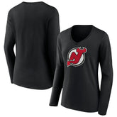 New Jersey Devils Women's Primary Team Logo Long Sleeve V-Neck T-Shirt - Black - NHL