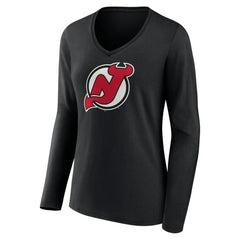 New Jersey Devils Women's Primary Team Logo Long Sleeve V-Neck T-Shirt - Black - NHL