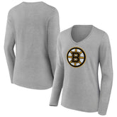 Boston Bruins Women's Primary Logo Team Long Sleeve V-Neck T-Shirt - Heather Gray - NHL