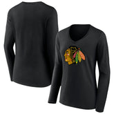 Chicago Blackhawks Women's Primary Team Logo Long Sleeve V-Neck T-Shirt - Black - NHL