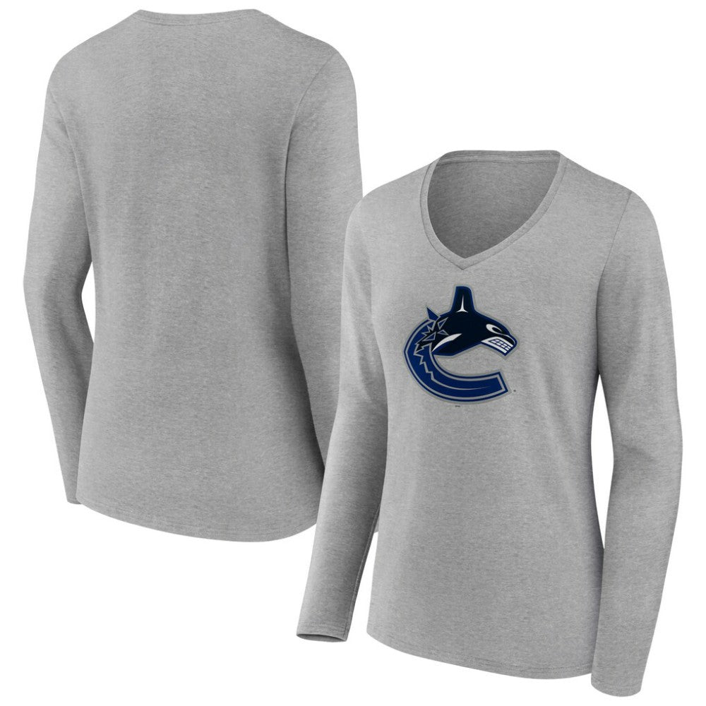 Vancouver Canucks Women's Primary Logo Team Long Sleeve V-Neck T-Shirt - Heather Gray - NHL