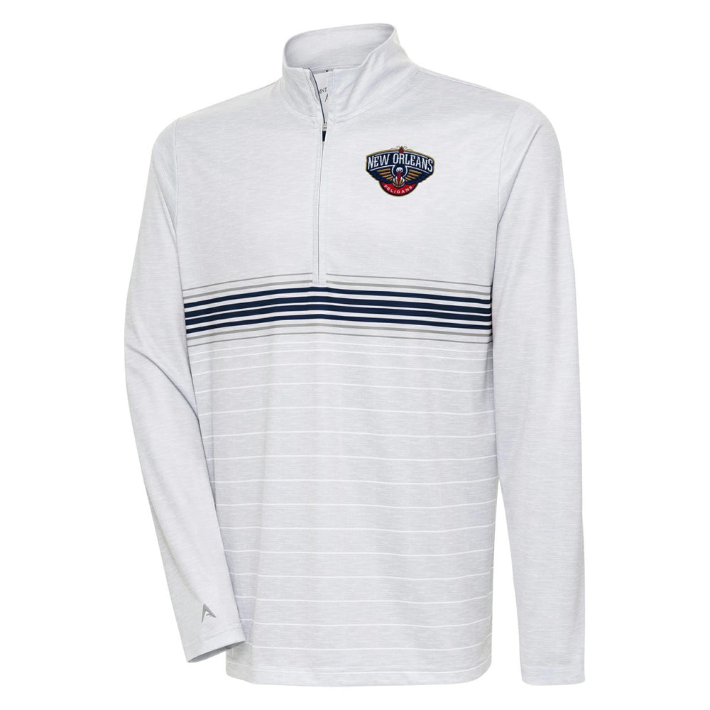 New Orleans Pelicans Antigua Bullseye Quarter-Zip Pullover Top Heather Gray/Navy - NBA