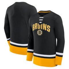Boston Bruins Fanatics Back Pass Lace-Up Long Sleeve T-Shirt - Black - NHL