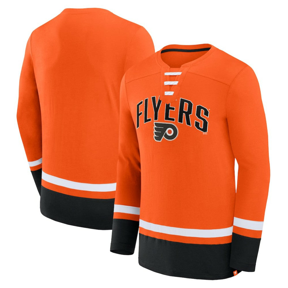 Philadelphia Flyers Fanatics Back Pass Lace-Up Long Sleeve T-Shirt - Orange - NHL