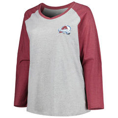 Nathan MacKinnon Colorado Avalanche Fanatics Women's Plus Size Name & Number Raglan Long Sleeve T-Shirt - Heather Gray/Heather Burgundy - NHL