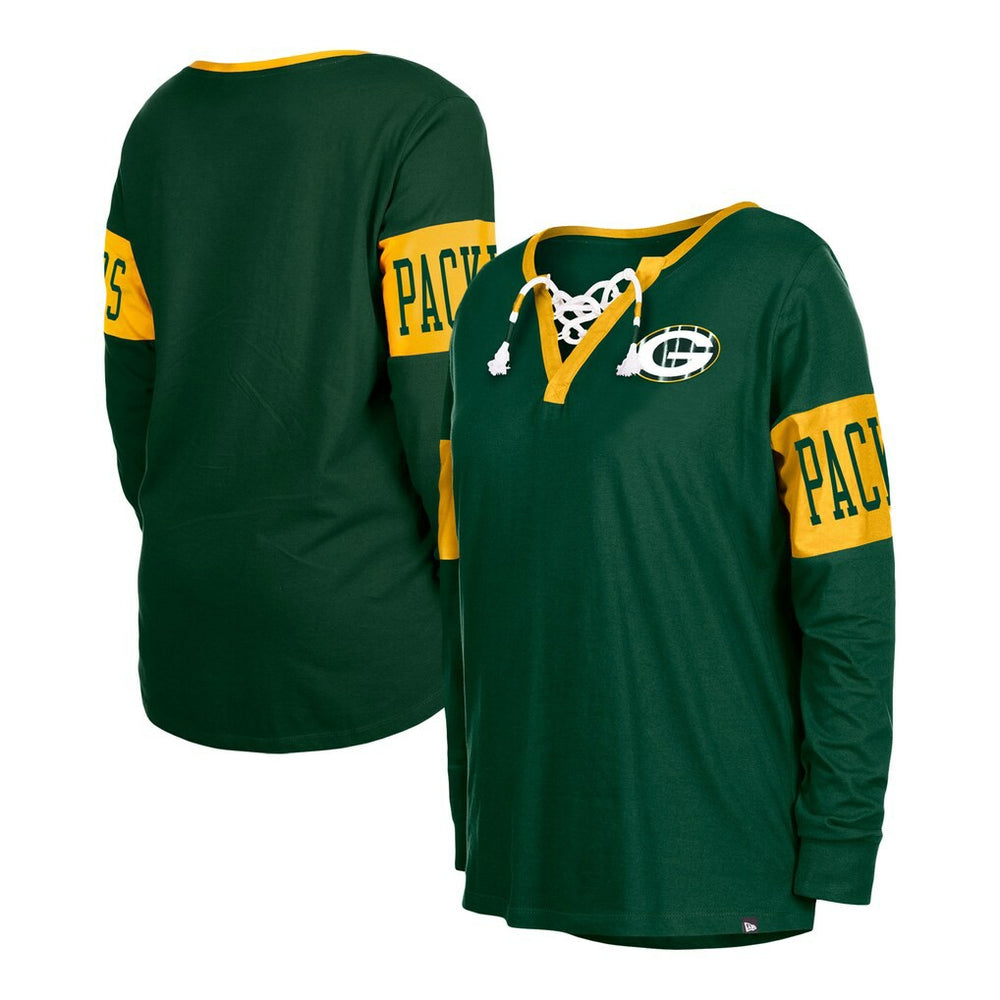 Green Bay Packers New Era Women's Lace-Up Notch Neck Long Sleeve T-Shirt Green | NFL