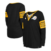 Pittsburgh Steelers New Era Women's Lace-Up Notch Neck Long Sleeve T-Shirt Black | NFL