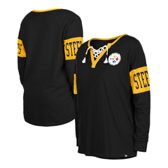 Pittsburgh Steelers New Era Women's Lace-Up Notch Neck Long Sleeve T-Shirt Black | NFL