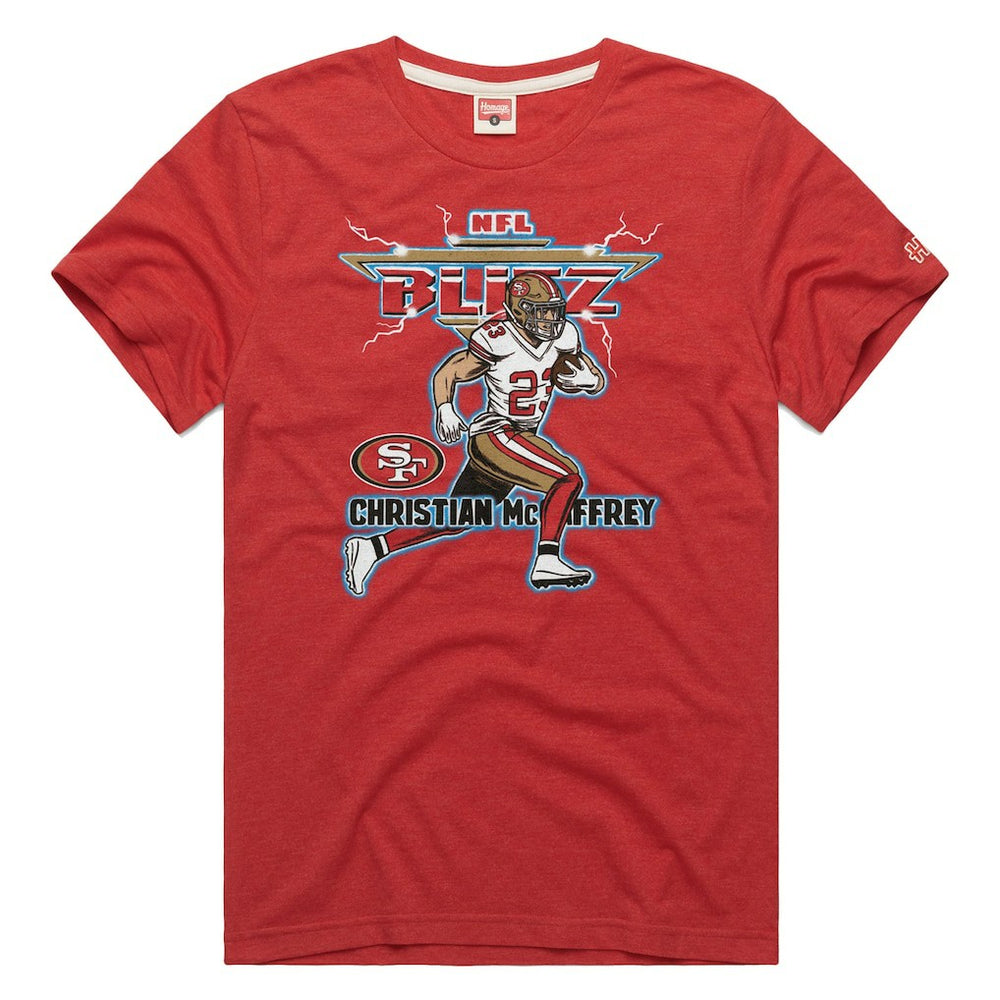 Christian McCaffrey San Francisco 49ers Homage Unisex NFL Blitz Player Tri-Blend T-Shirt Heathered Scarlet | NFL