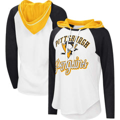 Pittsburgh Penguins G-III 4Her by Carl Banks Women's MVP Raglan Lightweight Hooded T-Shirt - White/Heather Black - NHL