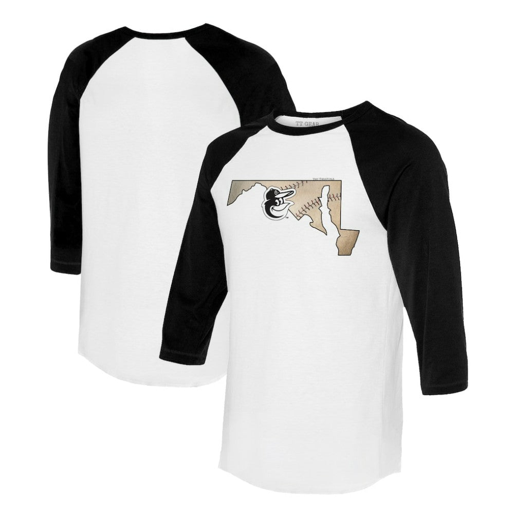 Baltimore Orioles Tiny Turnip Unisex State Outline 3/4-Sleeve Raglan T-Shirt - MLB