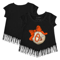 Baltimore Orioles Tiny Turnip Girls Youth Baseball Bow Fringe T-Shirt - MLB