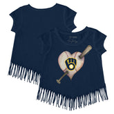 Milwaukee Brewers Tiny Turnip Girls Youth Heart Bat Fringe T-Shirt - MLB