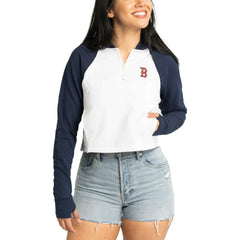 Boston Red Sox Lusso Women's Jane Raglan Quarter-Zip Tri-Blend Cropped Pullover Hoodie - MLB