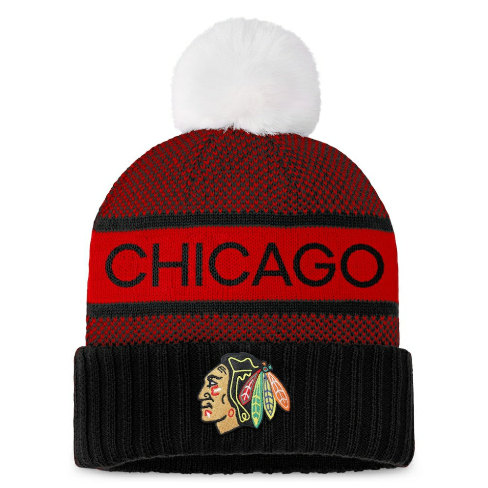 Chicago Blackhawks Fanatics Women's Authentic Pro Rink Cuffed Knit Hat with Pom - Black/Red - NHL