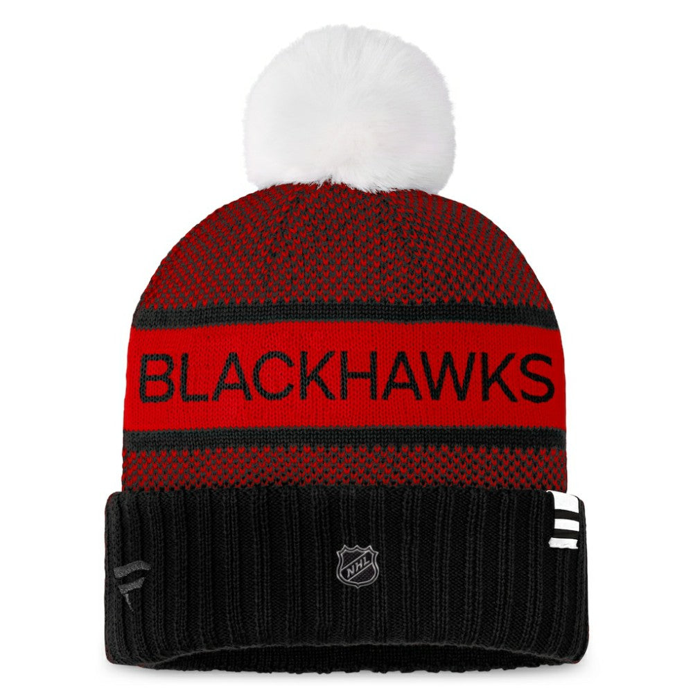 Chicago Blackhawks Fanatics Women's Authentic Pro Rink Cuffed Knit Hat with Pom - Black/Red - NHL