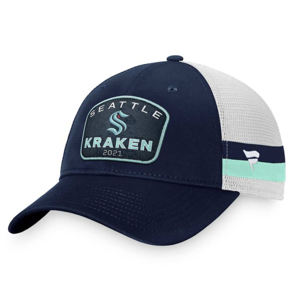 Seattle Kraken Fanatics Fundamental Striped Trucker Adjustable Hat - Deep Sea Blue/White - NHL