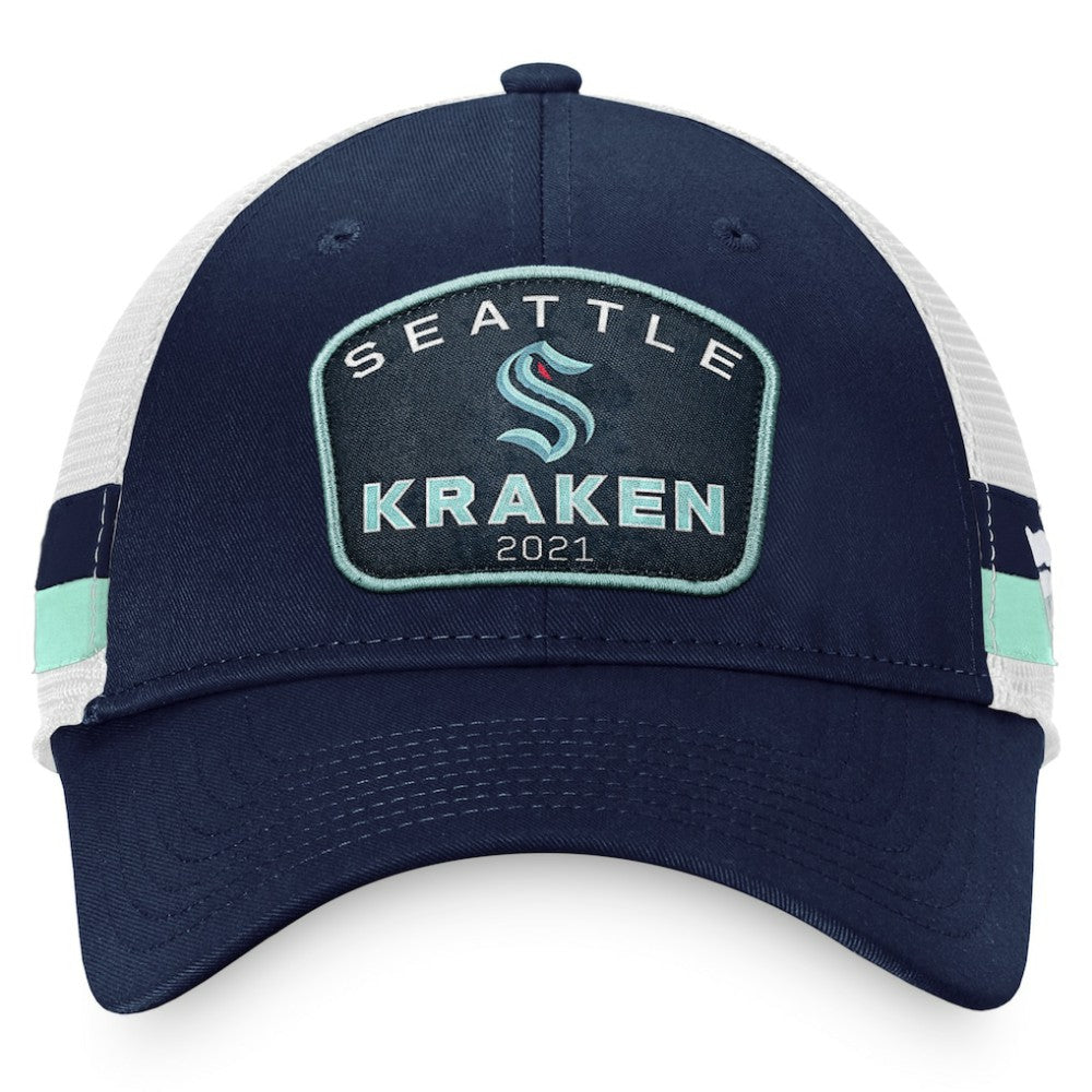 Seattle Kraken Fanatics Fundamental Striped Trucker Adjustable Hat - Deep Sea Blue/White - NHL