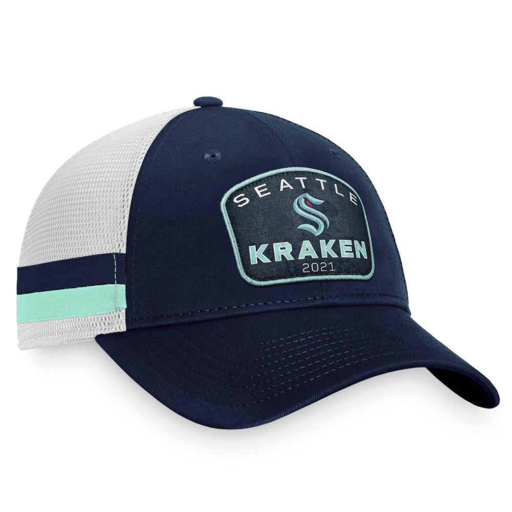 Seattle Kraken Fanatics Fundamental Striped Trucker Adjustable Hat - Deep Sea Blue/White - NHL