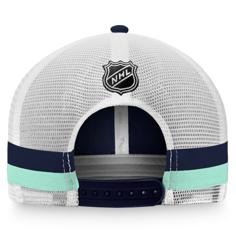 Seattle Kraken Fanatics Fundamental Striped Trucker Adjustable Hat - Deep Sea Blue/White - NHL