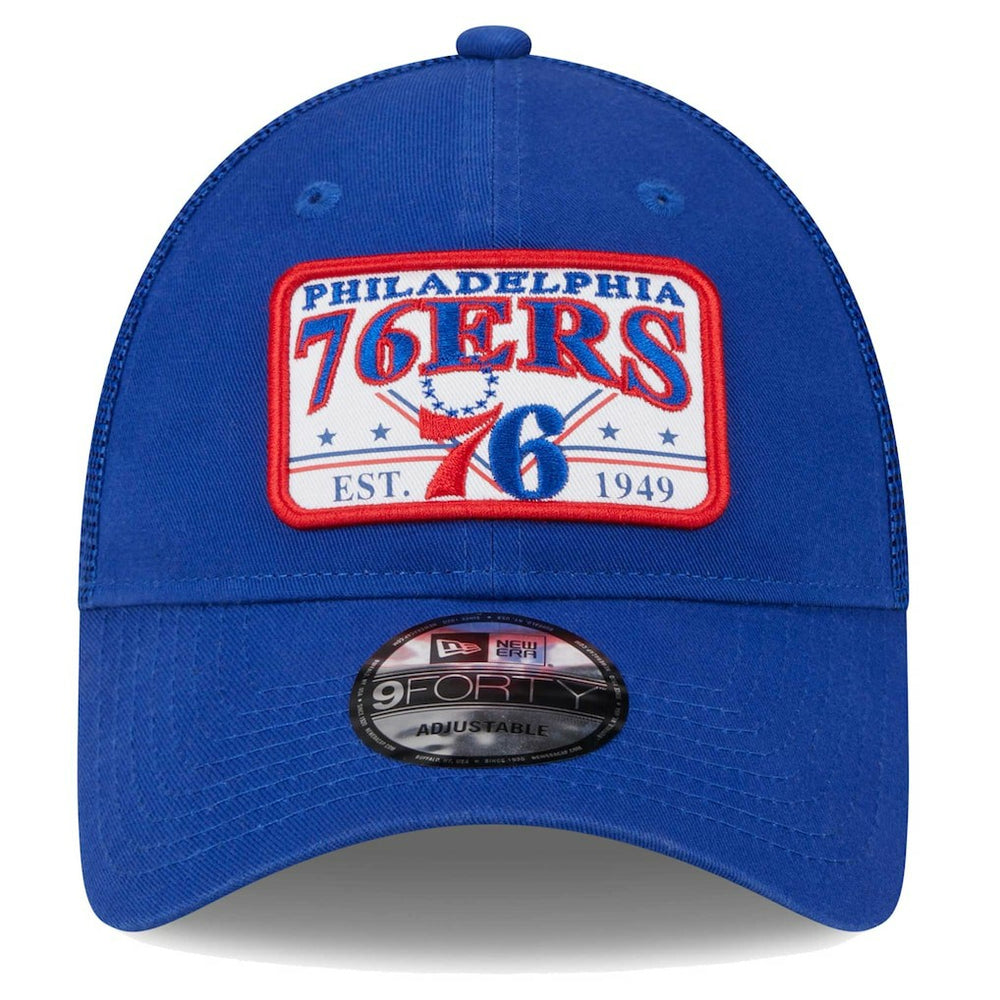 Philadelphia 76ers Plate Oversized Patch Trucker 9FORTY Adjustable Hat Royal - NBA