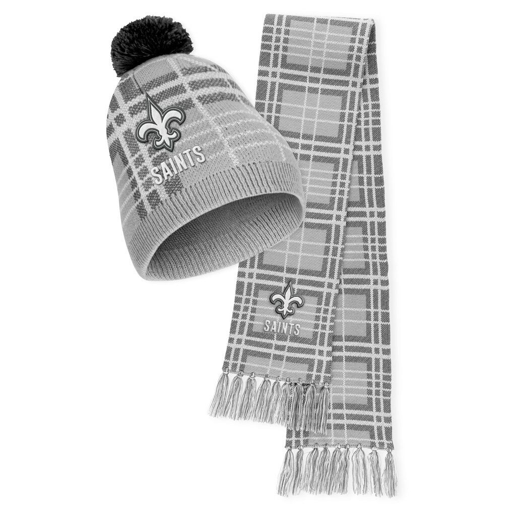 New Orleans Saints WEAR by Erin Andrews Women's Plaid Knit Hat with Pom & Scarf Set | NFL