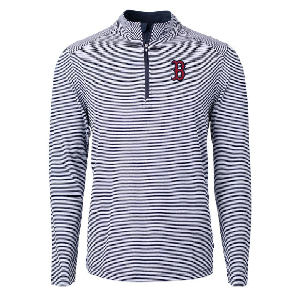 Boston Red Sox Cutter & Buck Virtue Eco Pique Micro Stripe Recycled Quarter-Zip Pullover Top - MLB