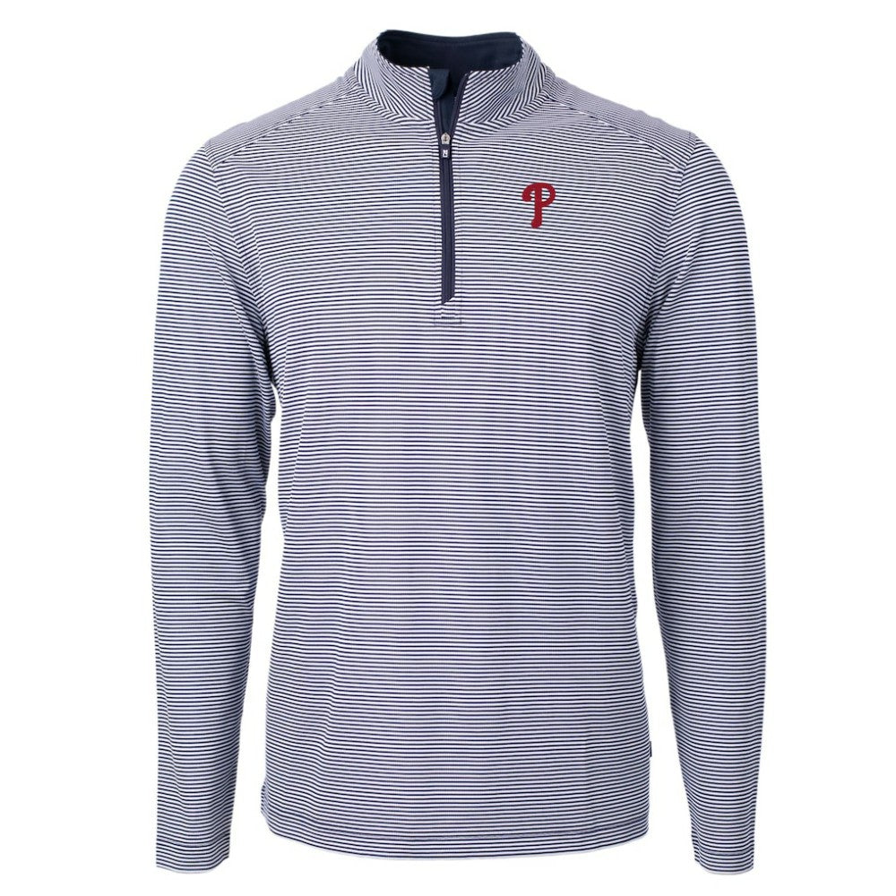 Philadelphia Phillies Cutter & Buck Virtue Eco Pique Micro Stripe Recycled Quarter-Zip Pullover Top - MLB