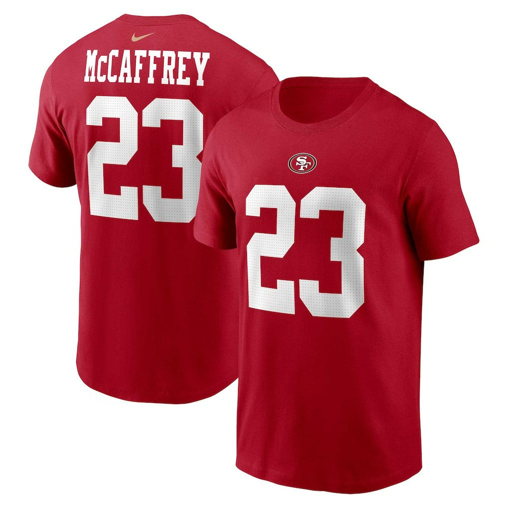 Christian McCaffrey San Francisco 49ers Player Name & Number T-Shirt Scarlet | Nike for Sale