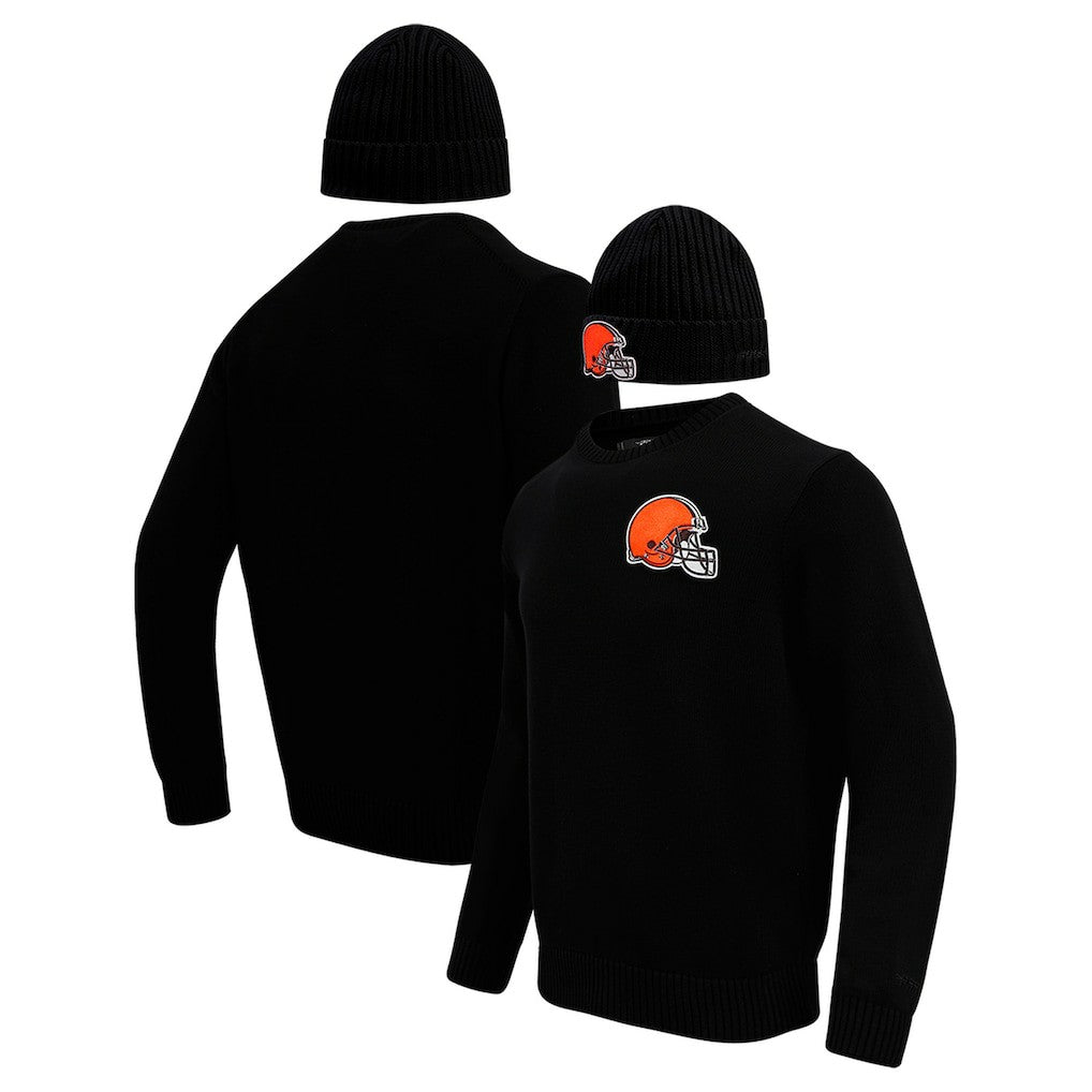 Cleveland Browns Pro Standard Crewneck Pullover Sweater & Cuffed Knit Hat Box Gift Set Black | NFL
