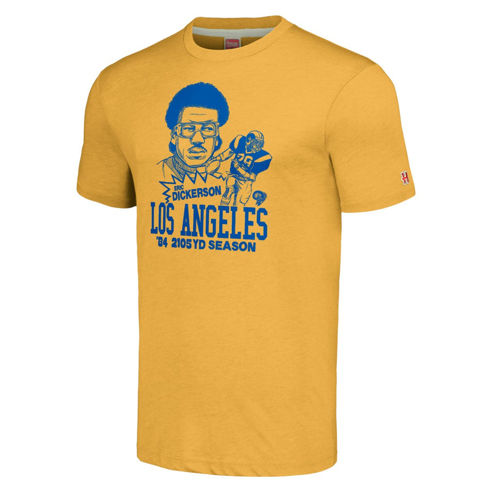 Eric Dickerson Los Angeles Rams Homage Unisex Caricature Retired Player Tri-Blend T-Shirt Gold | NFL