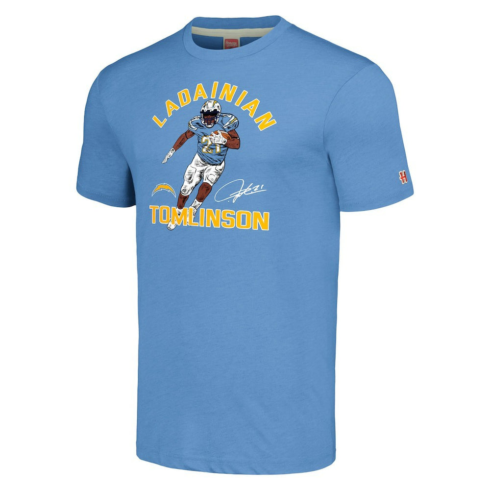 LaDainian Tomlinson Los Angeles Chargers Homage Unisex Unisex Caricature Retired Player Tri-Blend T-Shirt Powder Blue | NFL