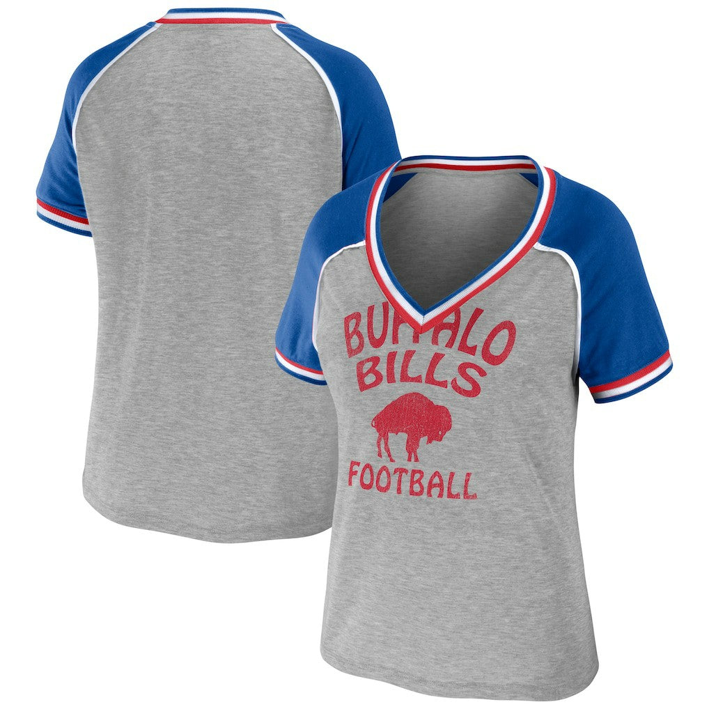 Buffalo Bills WEAR by Erin Andrews Women's Cropped Raglan Throwback V-Neck T-Shirt Heather Gray | NFL