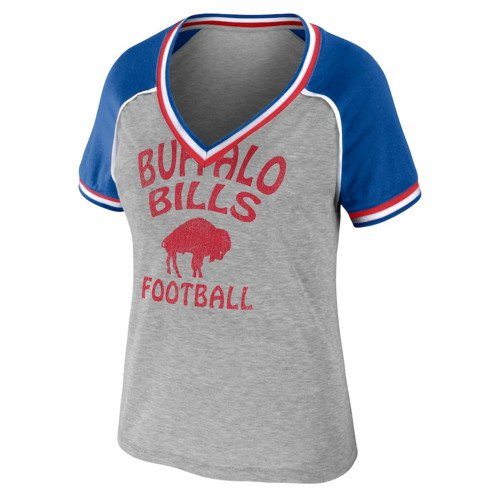 Buffalo Bills WEAR by Erin Andrews Women's Cropped Raglan Throwback V-Neck T-Shirt Heather Gray | NFL