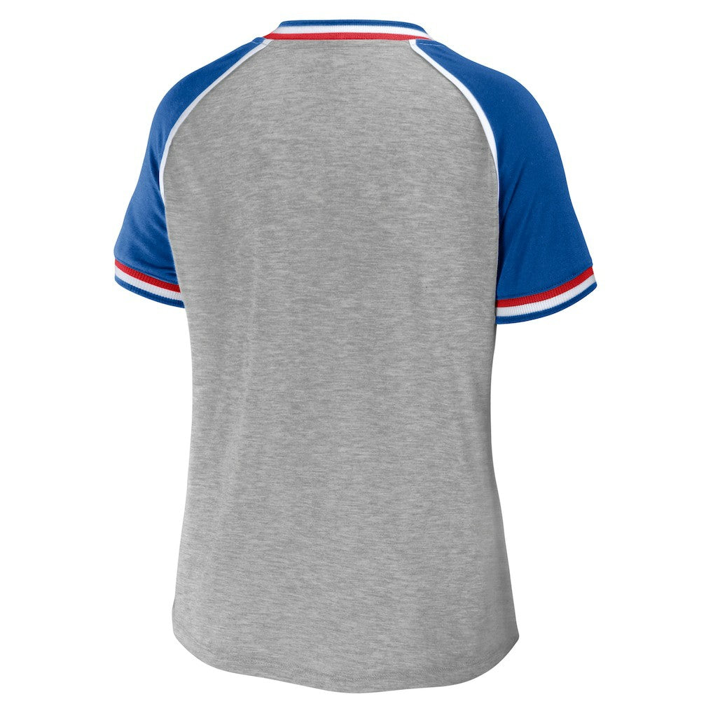 Buffalo Bills WEAR by Erin Andrews Women's Cropped Raglan Throwback V-Neck T-Shirt Heather Gray | NFL