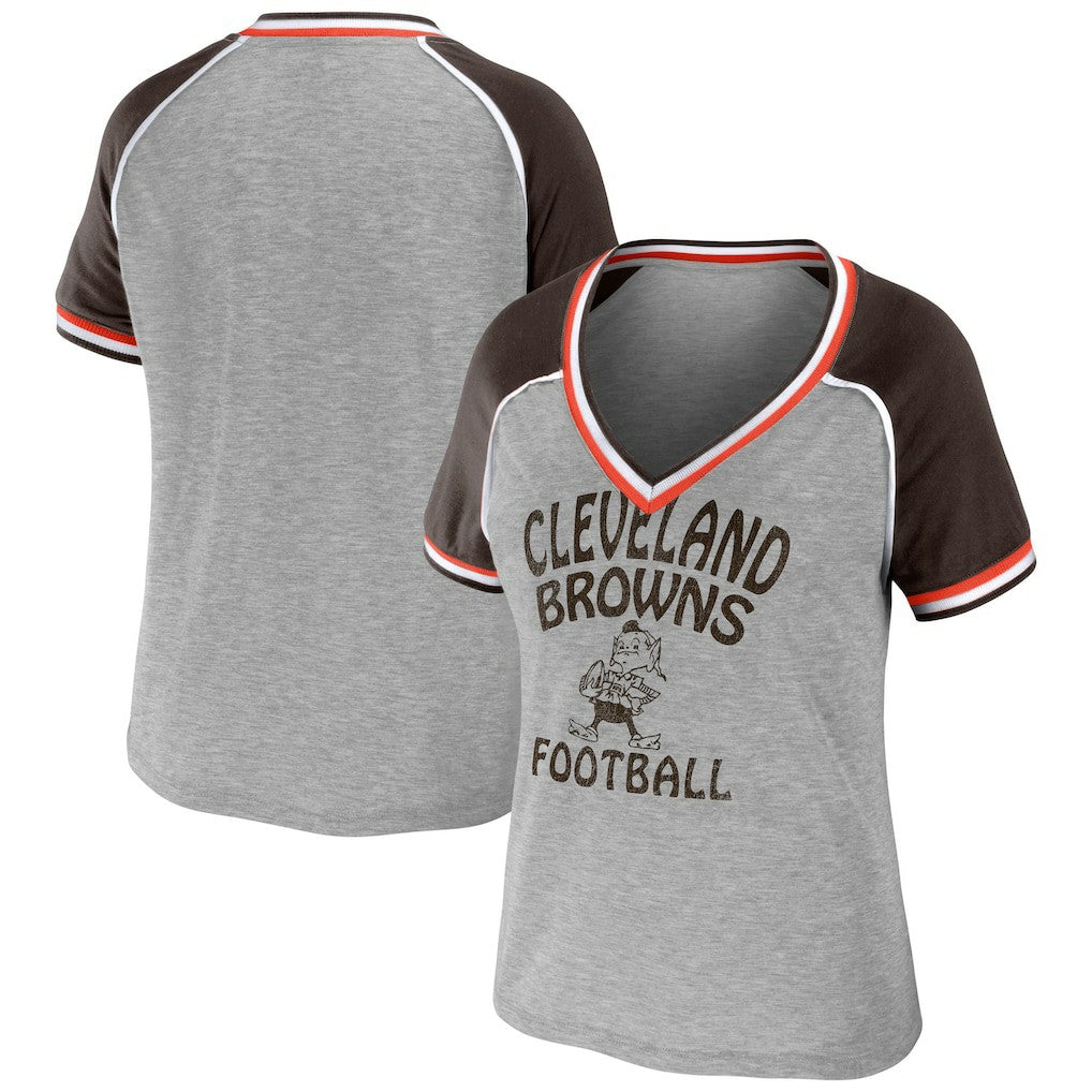 Cleveland Browns WEAR by Erin Andrews Women's Cropped Raglan Throwback V-Neck T-Shirt Heather Gray | NFL