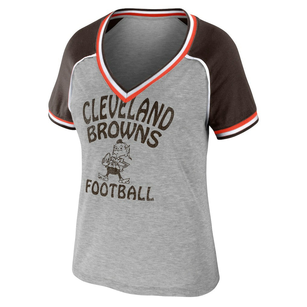 Cleveland Browns WEAR by Erin Andrews Women's Cropped Raglan Throwback V-Neck T-Shirt Heather Gray | NFL