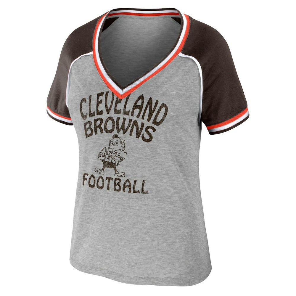 Cleveland Browns WEAR by Erin Andrews Women's Cropped Raglan Throwback V-Neck T-Shirt Heather Gray | NFL