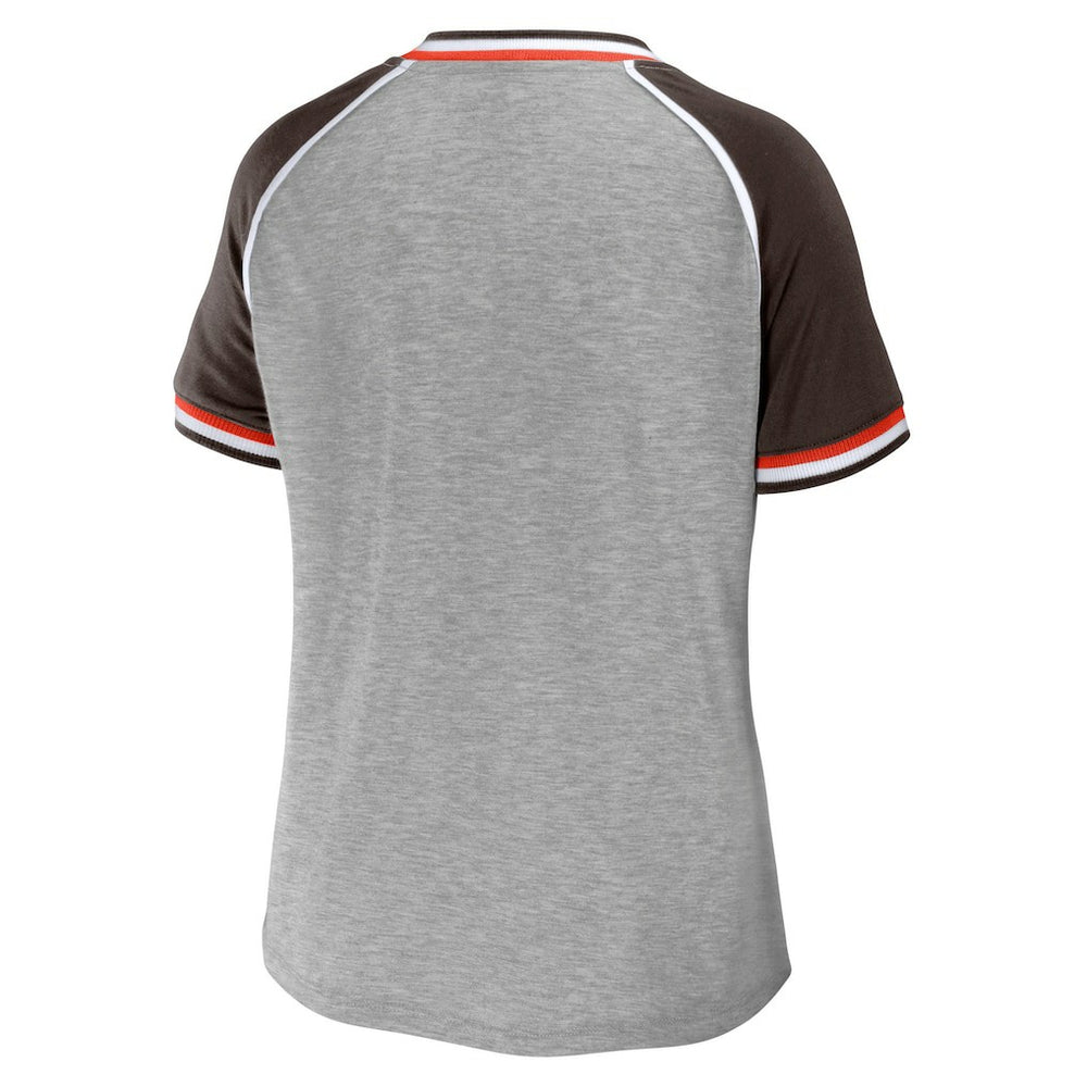 Cleveland Browns WEAR by Erin Andrews Women's Cropped Raglan Throwback V-Neck T-Shirt Heather Gray | NFL