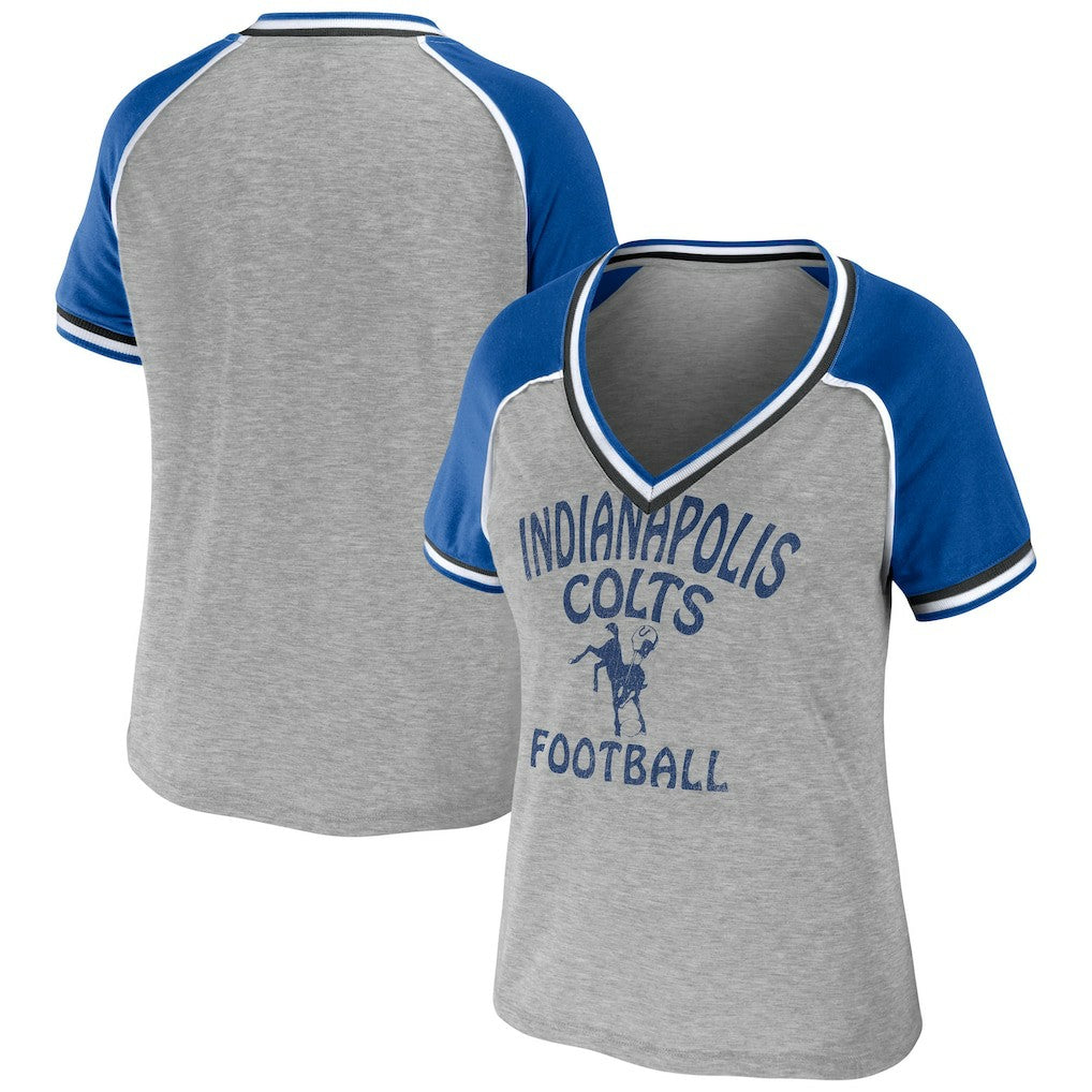 Indianapolis Colts WEAR by Erin Andrews Women's Cropped Raglan Throwback V-Neck T-Shirt Heather Gray | NFL