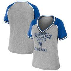 Indianapolis Colts WEAR by Erin Andrews Women's Cropped Raglan Throwback V-Neck T-Shirt Heather Gray | NFL
