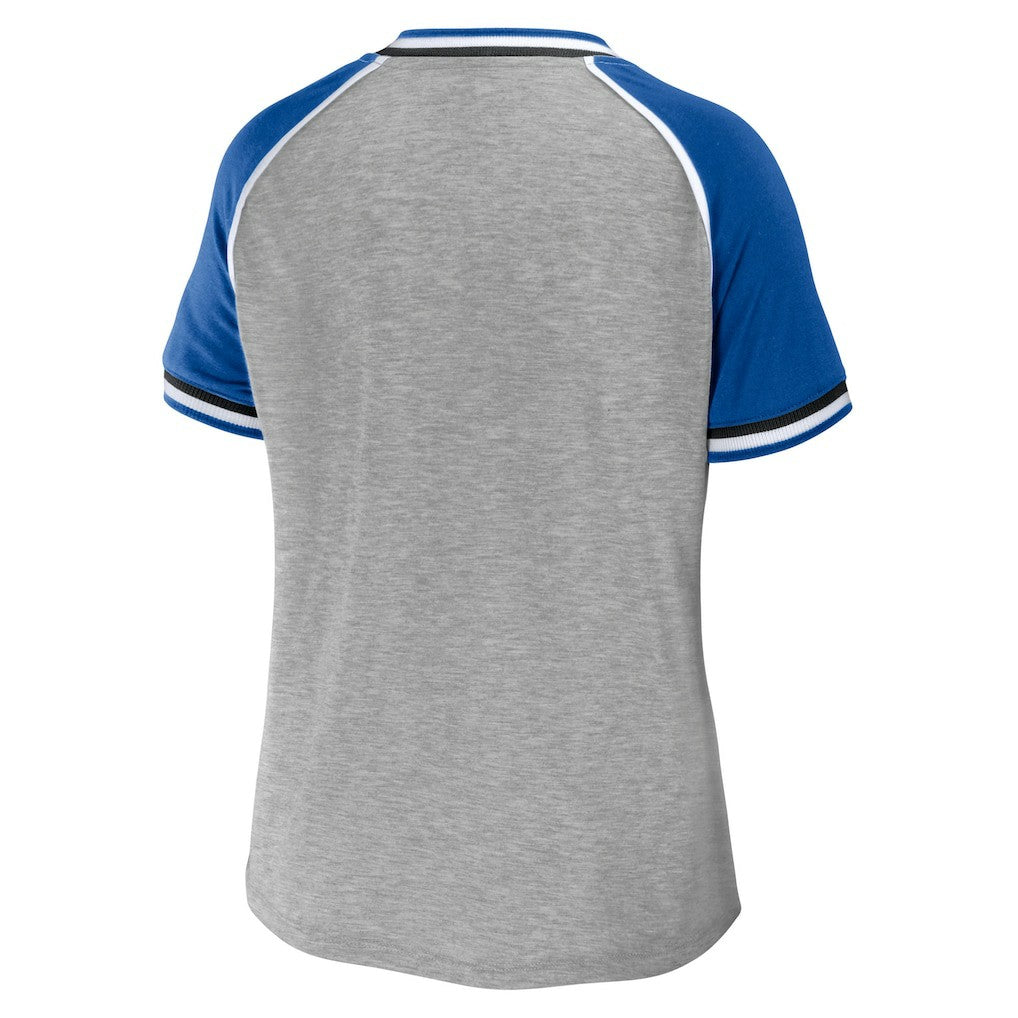 Indianapolis Colts WEAR by Erin Andrews Women's Cropped Raglan Throwback V-Neck T-Shirt Heather Gray | NFL