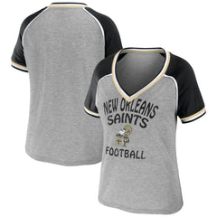 New Orleans Saints WEAR by Erin Andrews Women's Cropped Raglan Throwback V-Neck T-Shirt Heather Gray | NFL