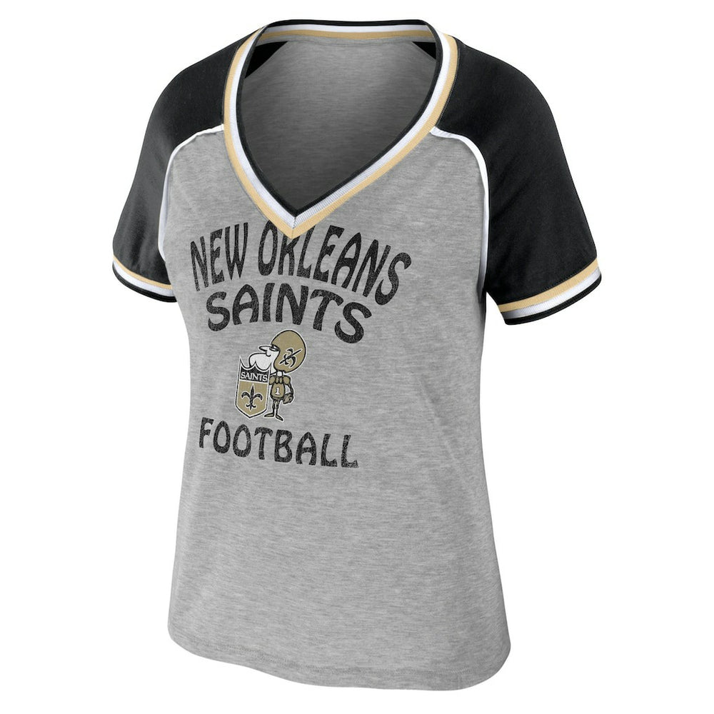 New Orleans Saints WEAR by Erin Andrews Women's Cropped Raglan Throwback V-Neck T-Shirt Heather Gray | NFL