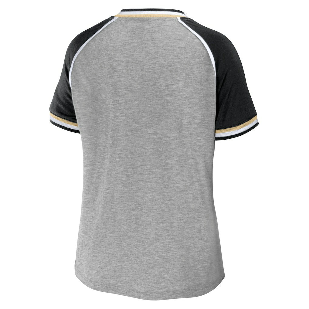New Orleans Saints WEAR by Erin Andrews Women's Cropped Raglan Throwback V-Neck T-Shirt Heather Gray | NFL