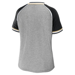 New Orleans Saints WEAR by Erin Andrews Women's Cropped Raglan Throwback V-Neck T-Shirt Heather Gray | NFL